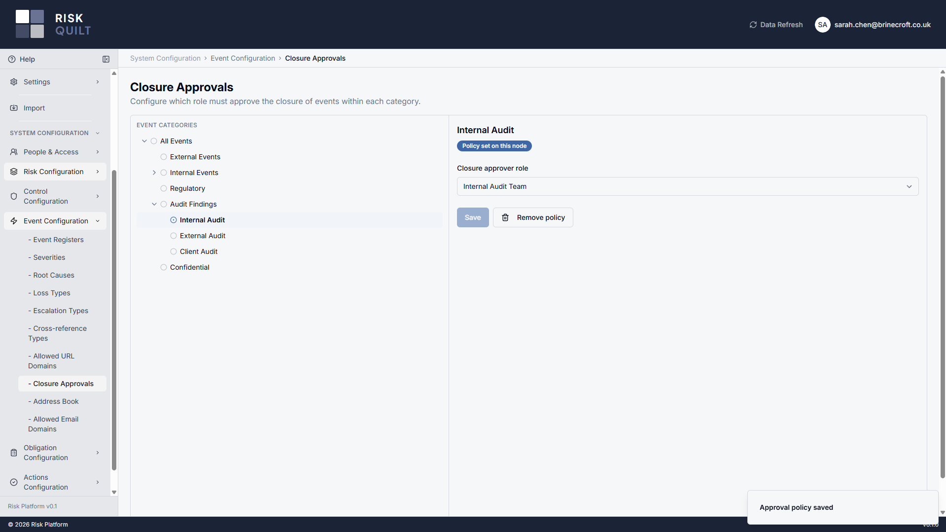 Closure Approvals configuration — an event-category tree with a closure-approval policy set on the 'Internal Audit' node and its approver role (Internal Audit Team) chosen, giving segregation of duties on closure.