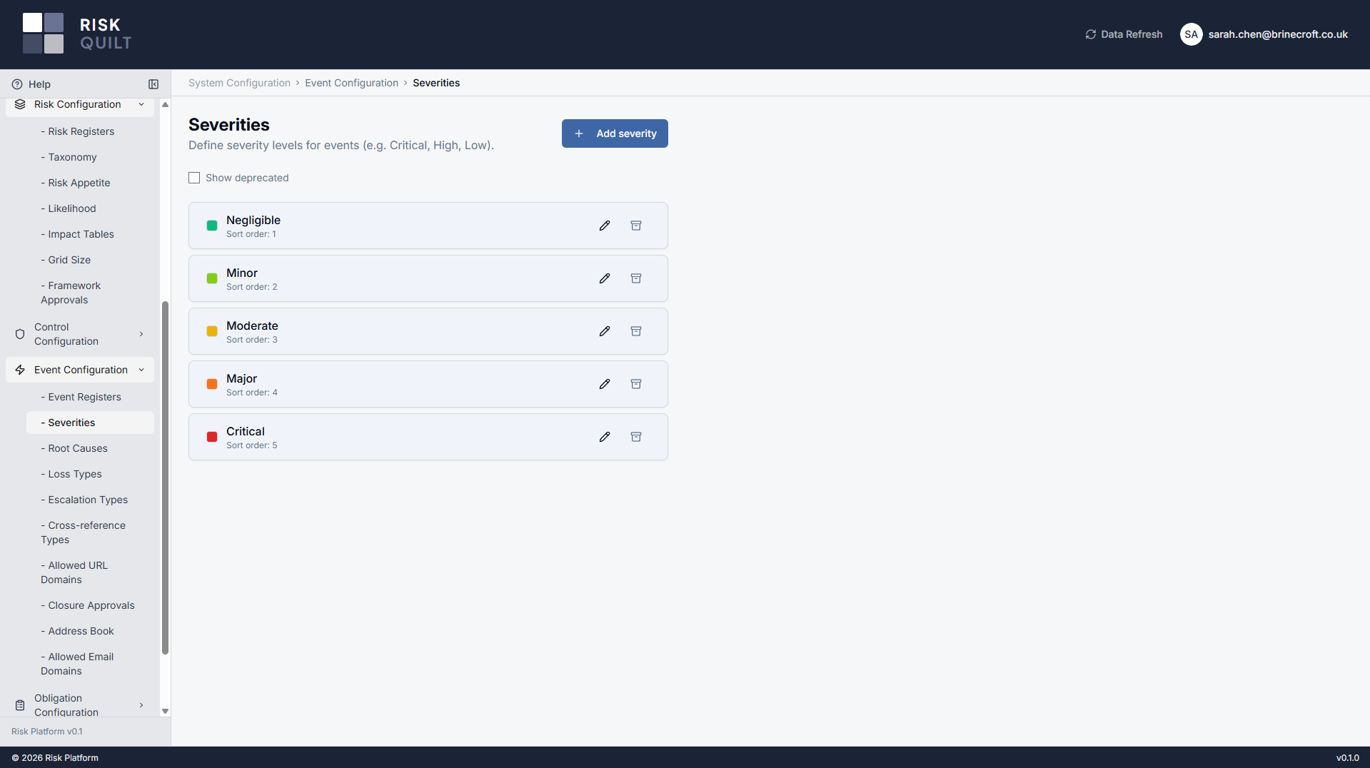 Event Configuration — the Severities list with colour swatches, sort order and a deprecate action, alongside the side menu of other tenant-managed lists: root causes, loss types, escalation types, cross-reference types and the address book.