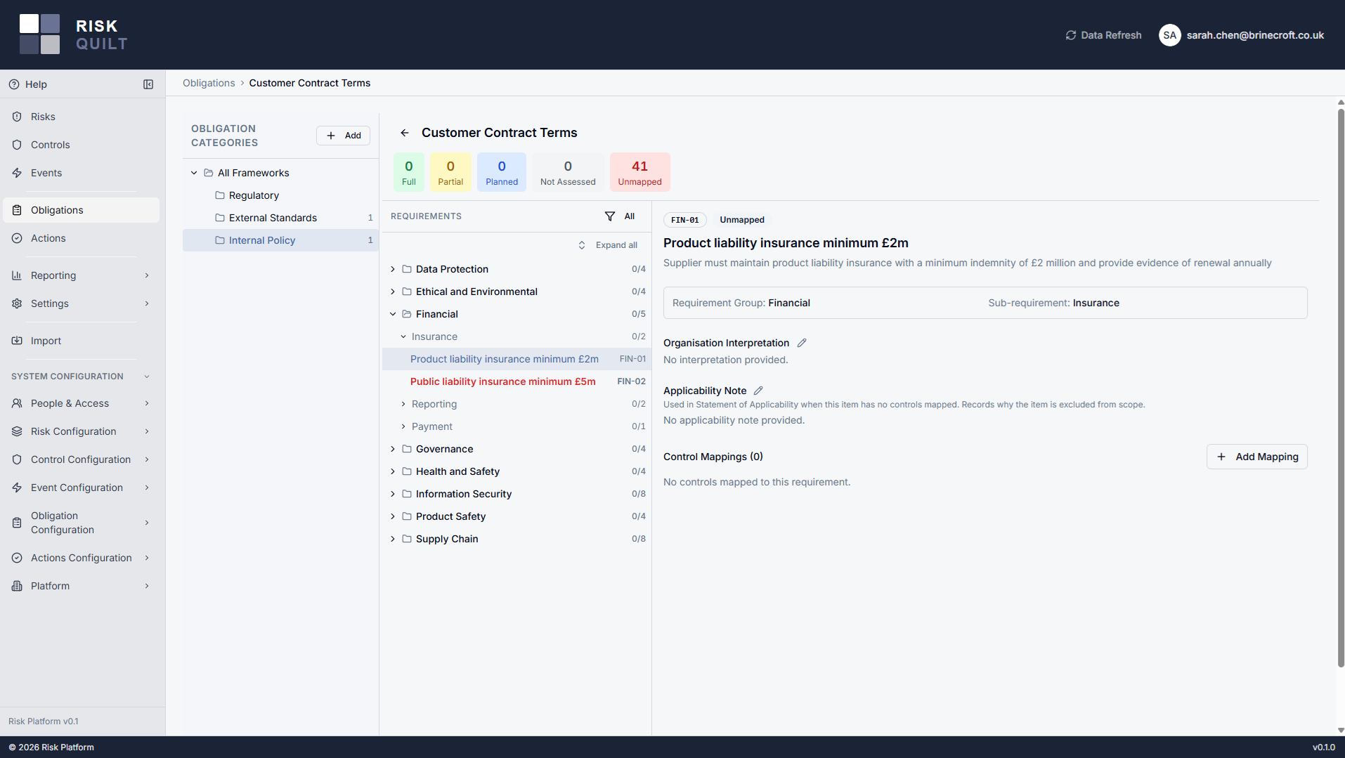 Framework requirements in the grouped, nested display, with one requirement expanded to show its reference code, immutable description, and the editable tenant interpretation field.