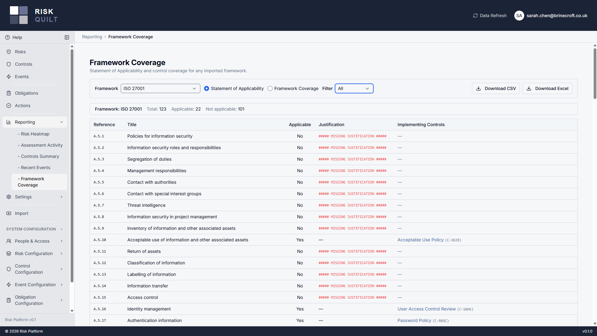 Statement of Applicability generated from live data, showing coverage status, control status, and evidence links per obligation.